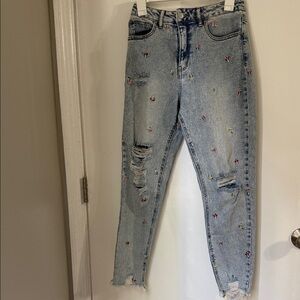 Distressed Light Blue Embroidered Women Jeans